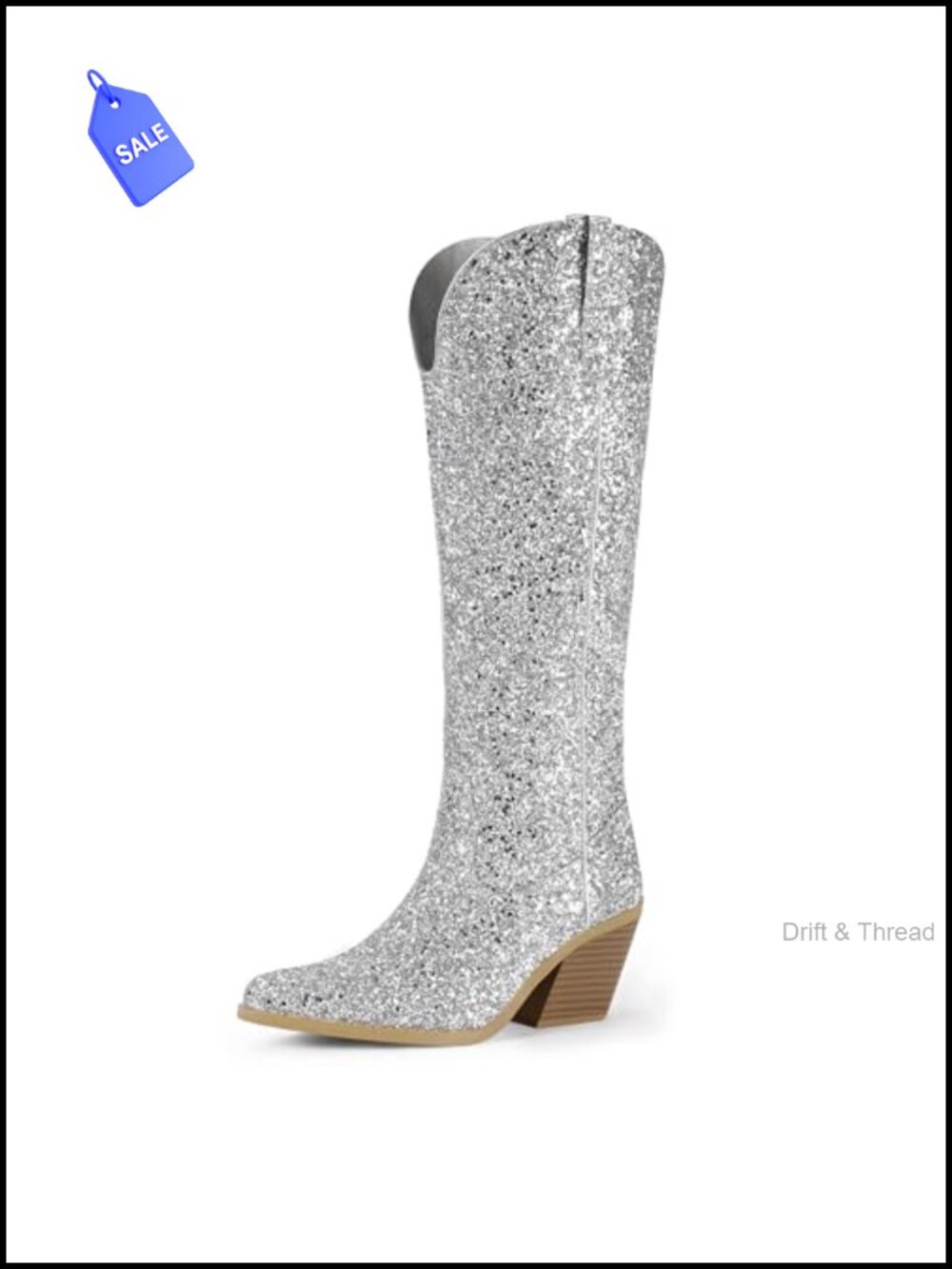 Sparkly Glitter Sequin Knee High Cowboy Boots 3-Inch Block Heel Side Zip